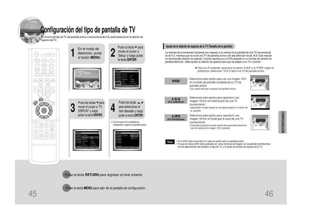 Samsung HTDS490RH/ELS manual 43LB, 43PS, Pulse las teclas para, Pulse las teclas Para seleccionar el 