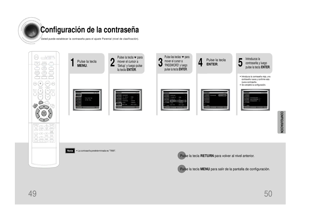 Samsung HTDS490RH/ELS manual Configuración de la contraseña, Introduzca la Contraseña y luego pulse la tecla Enter 