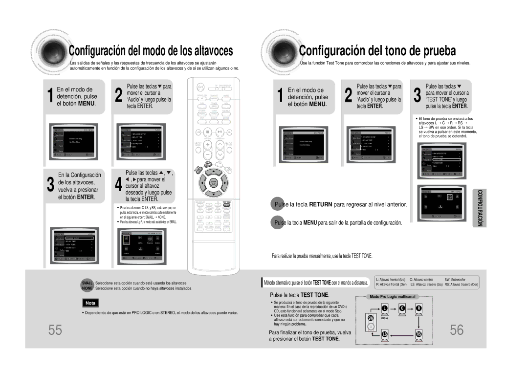 Samsung HTDS490RH/ELS Configuración del tono de prueba, Pulse la tecla Test Tone, Para finalizar el tono de prueba, vuelva 