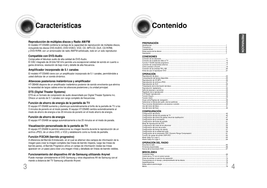 Samsung HTDS490RH/ELS manual Características 