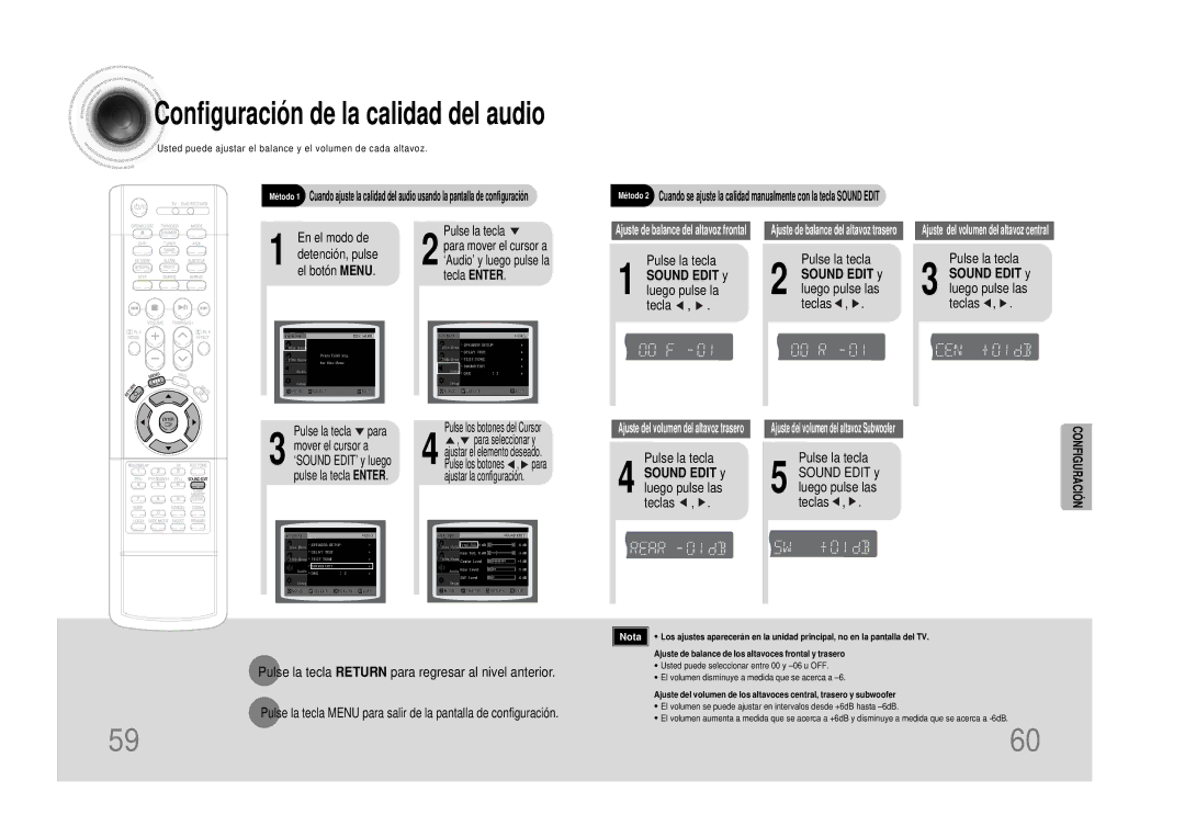 Samsung HTDS490RH/ELS manual Sound Edit y luego pulse la tecla, Sound Edit y luego pulse las teclas 