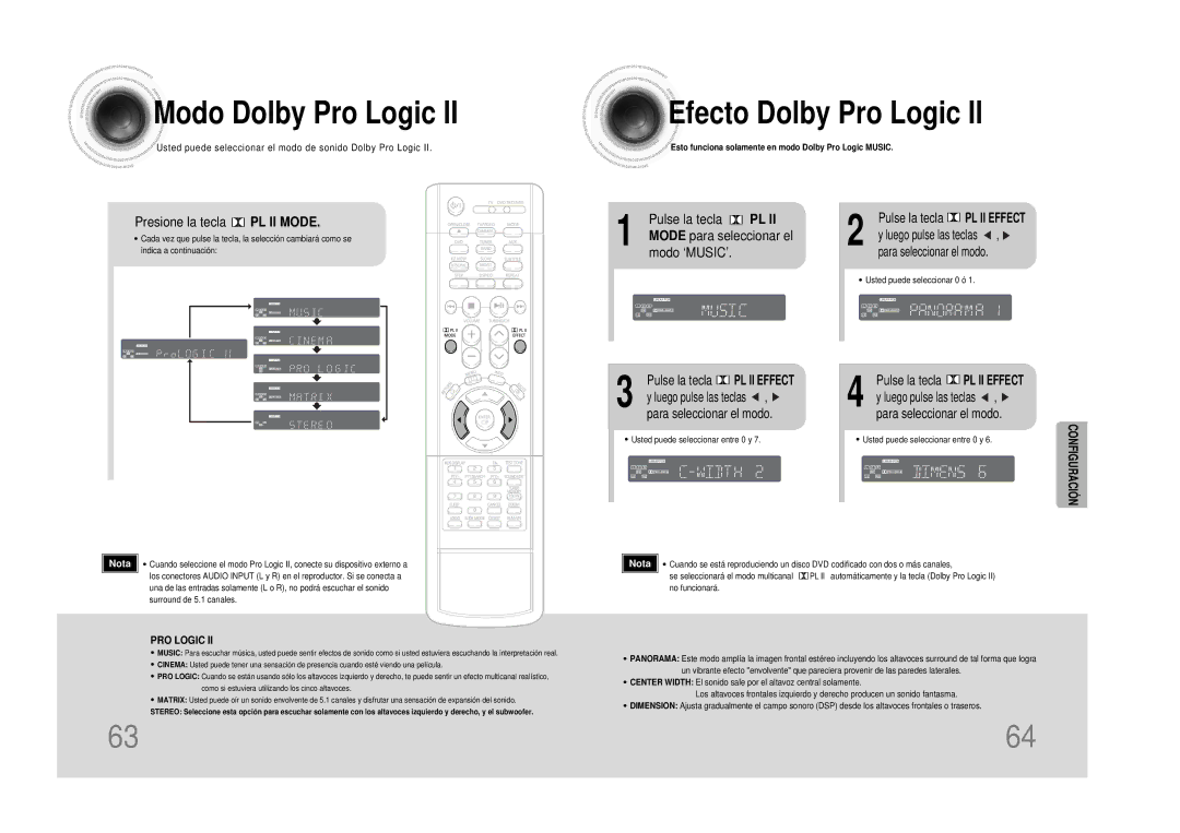 Samsung HTDS490RH/ELS Modo Dolby Pro Logic, Efecto Dolby Pro Logic, Presione la tecla PL II Mode, Para seleccionar el modo 