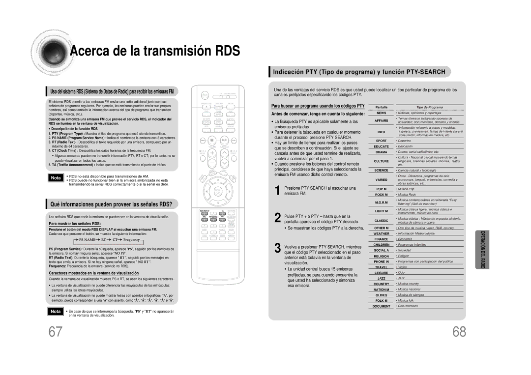 Samsung HTDS490RH/ELS manual Acerca de la transmisión RDS, Indicación PTY Tipo de programa y función PTY-SEARCH 