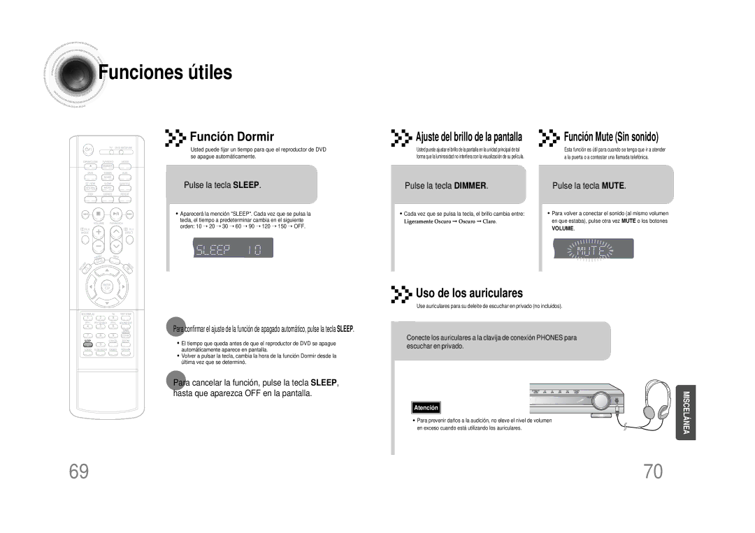 Samsung HTDS490RH/ELS manual Funciones útiles, Pulse la tecla Sleep, Pulse la tecla Dimmer, Pulse la tecla Mute 