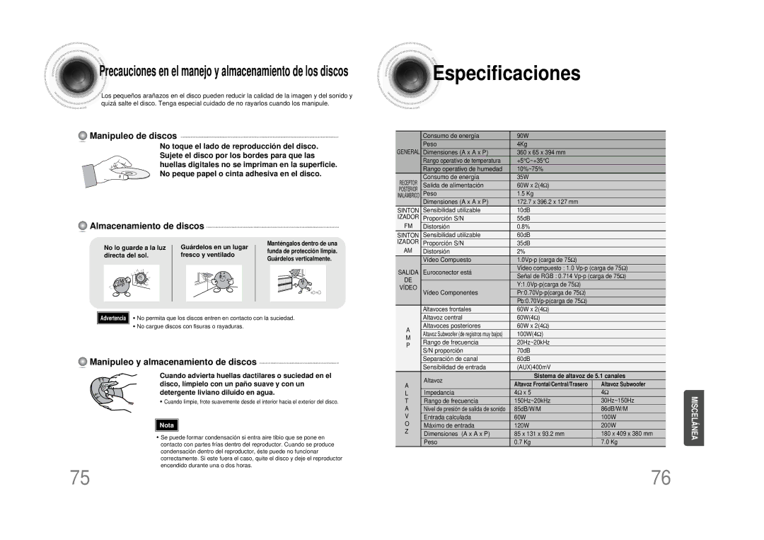 Samsung HTDS490RH/ELS Especificaciones, No lo guarde a la luz Guárdelos en un lugar, Directa del sol Fresco y ventilado 