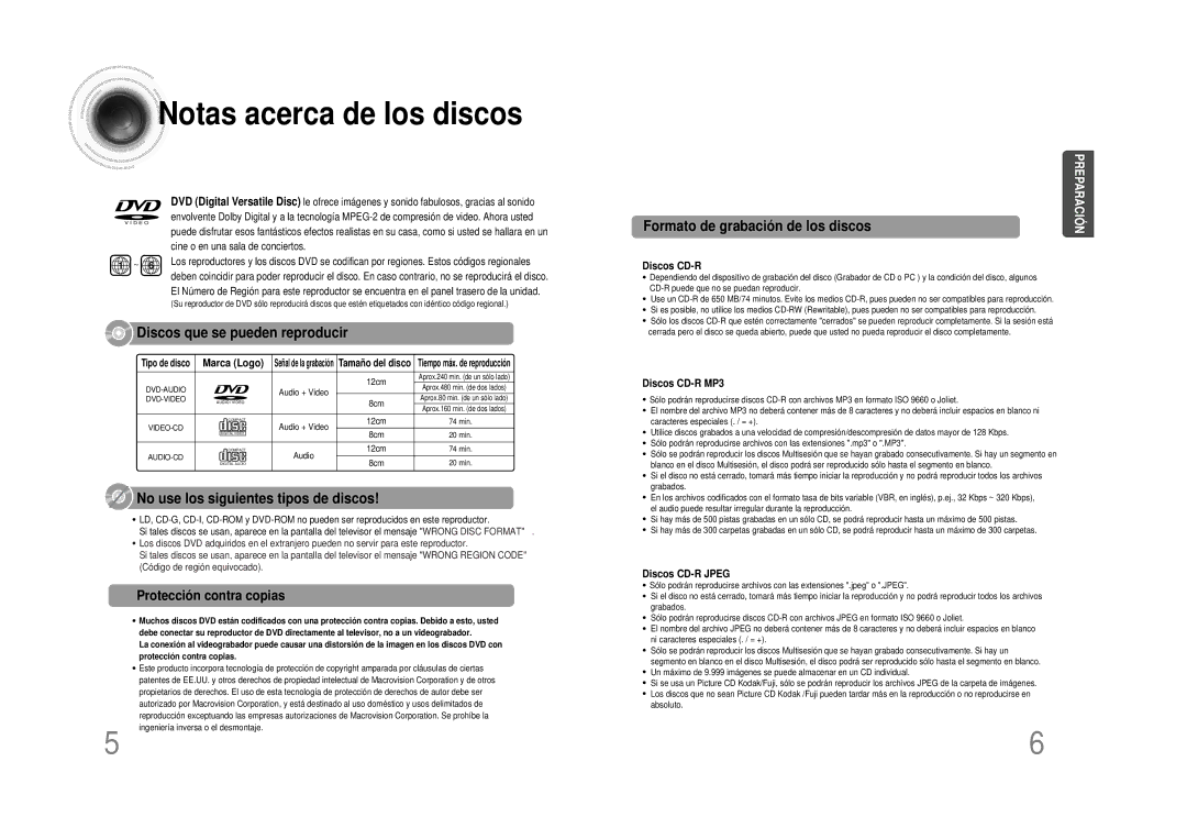 Samsung HTDS490RH/ELS manual Notas acerca de los discos, Protección contra copias, Discos CD-R MP3, Discos CD-R Jpeg 