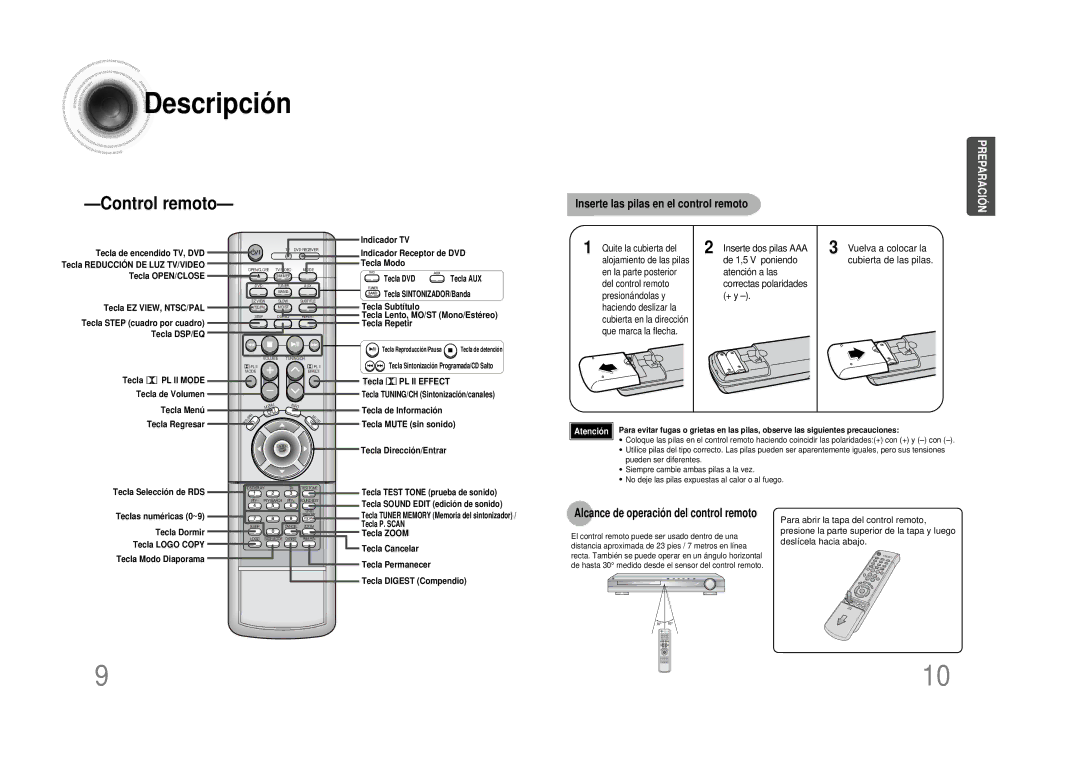 Samsung HTDS490RH/ELS manual Inserte las pilas en el control remoto, Inserte dos pilas AAA Vuelva a colocar la 