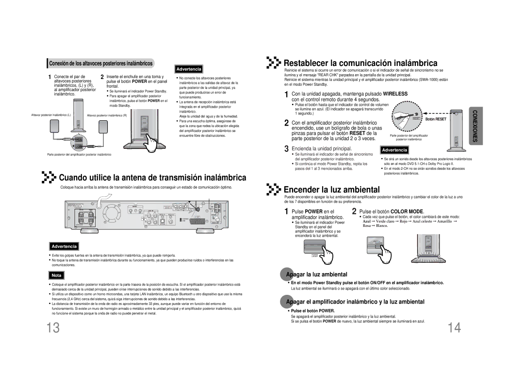 Samsung HTDS490RH/ELS manual Apagar la luz ambiental, Apagar el amplificador inalámbrico y la luz ambiental 