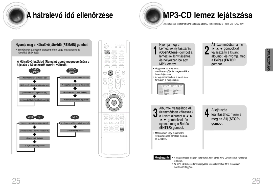 Samsung HTDS490RH/ELS Hátralevô idô ellenôrzése, Nyomja meg a Hátralévô játékidô Remain gombot, Albumok váltásához Állj 