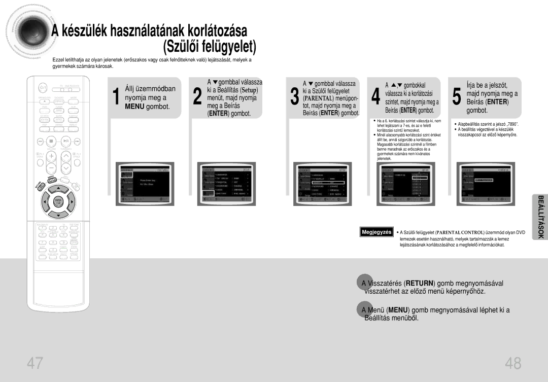 Samsung HTDS490RH/ELS Írja be a jelszót, Nyomja meg a Menu gombot, Gombbal válassza, Majd nyomja meg a Beírás Enter gombot 