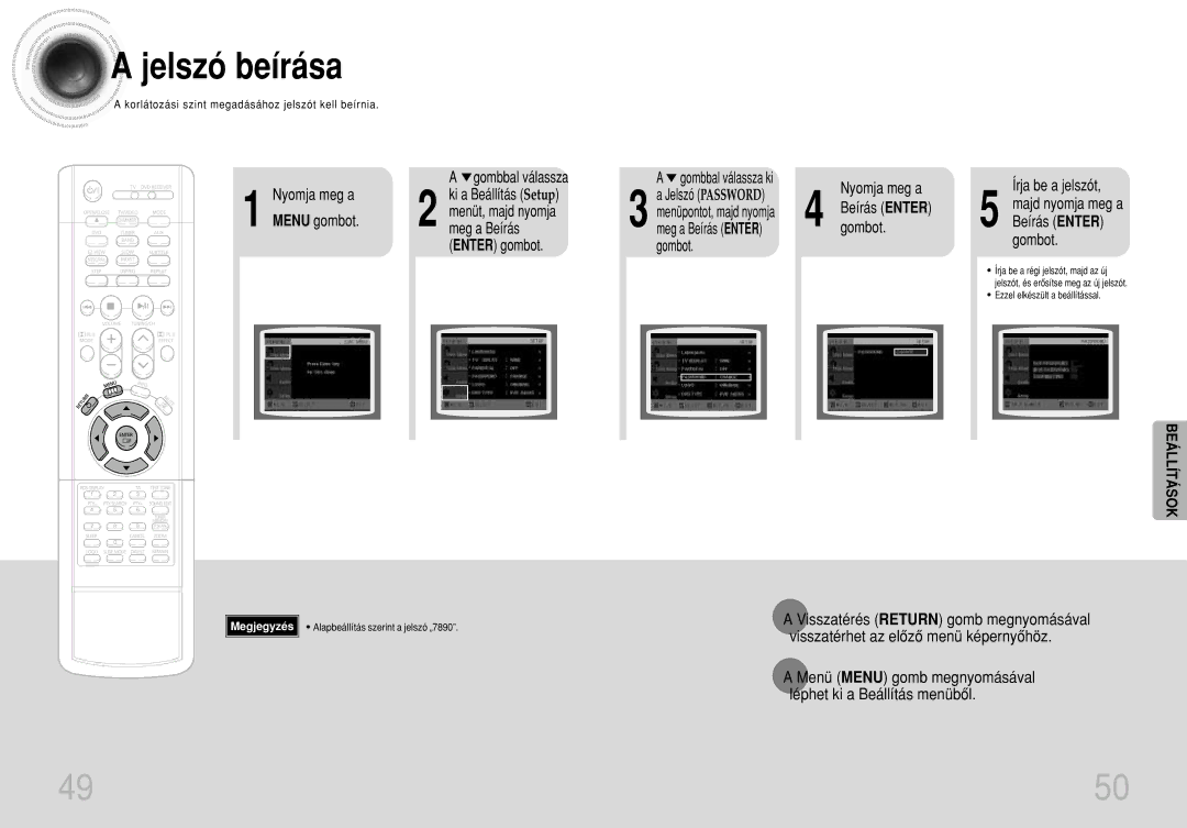 Samsung HTDS490RH/ELS manual Jelszó beírása, Nyomja meg a Menu gombot Gombbal válassza, Beállítás Setup, Menüt, majd nyomja 