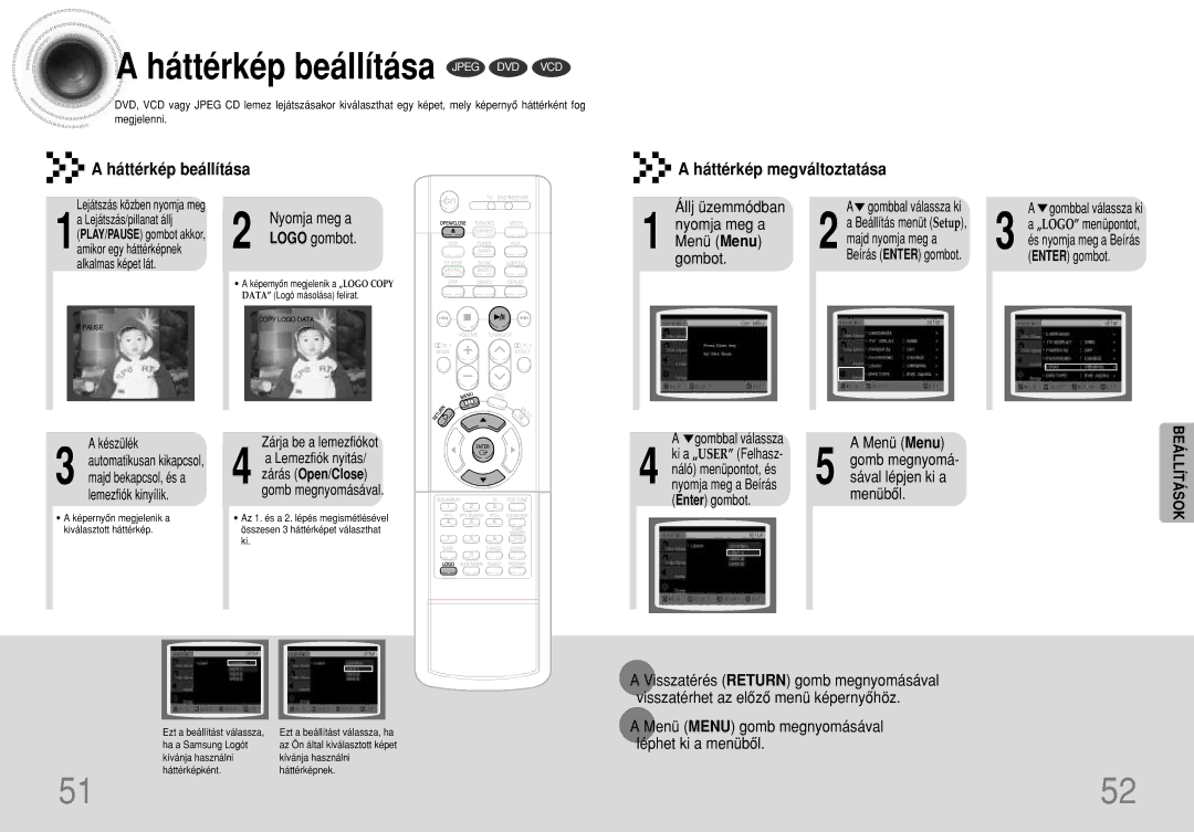 Samsung HTDS490RH/ELS manual Háttérkép beállítása Jpeg DVD VCD 