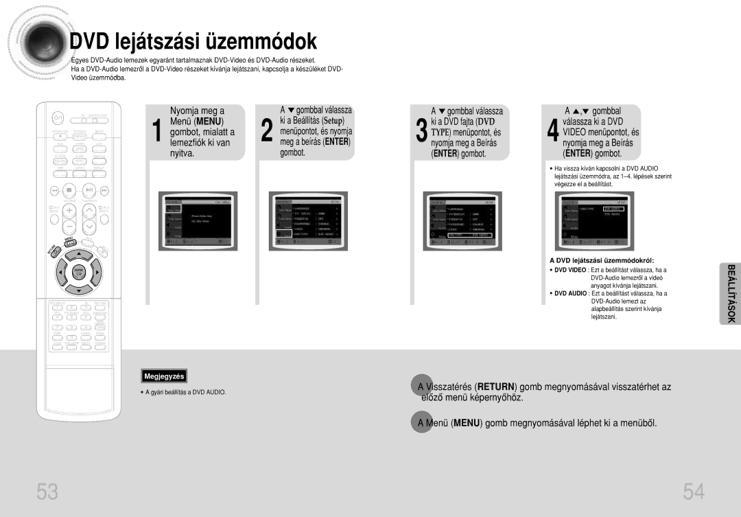 Samsung HTDS490RH/ELS manual DVD lejátszási üzemmódok, Menüpontot, és nyomja meg a beírás Enter gombot 