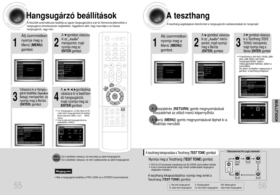 Samsung HTDS490RH/ELS manual Hangsugárzó beállítások, Teszthang 