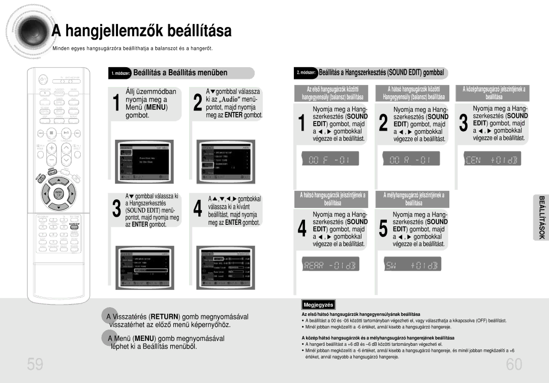 Samsung HTDS490RH/ELS manual Hangjellemzôk beállítása, Nyomja meg a Hang, Gombokkal, Hangszerkesztés, Az Enter gombot 