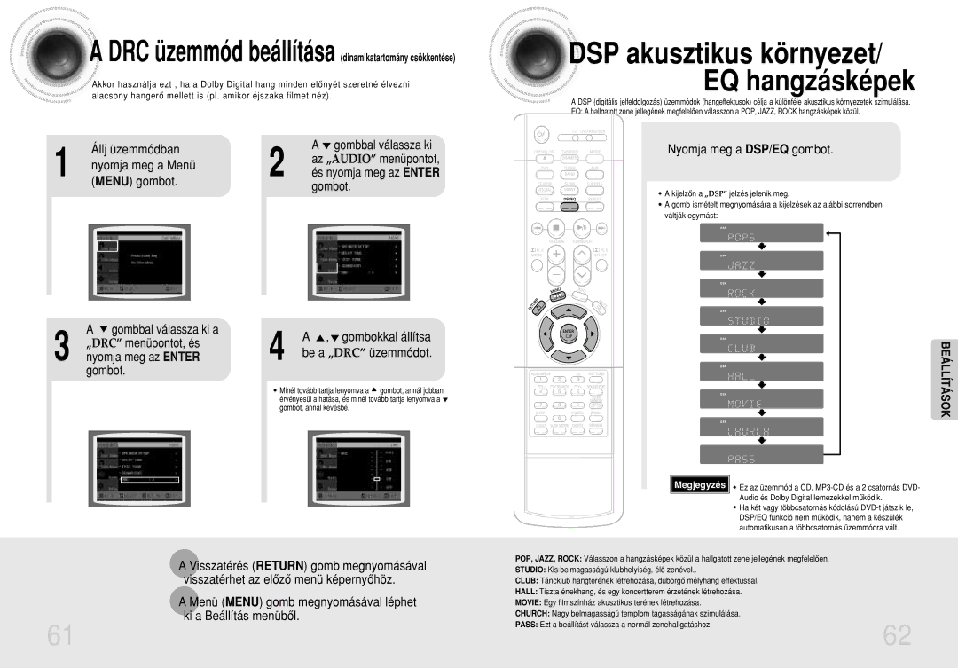 Samsung HTDS490RH/ELS manual Nyomja meg a Menü, Menu gombot Gombot, Nyomja meg a DSP/EQ gombot, Gombbal válassza ki a 