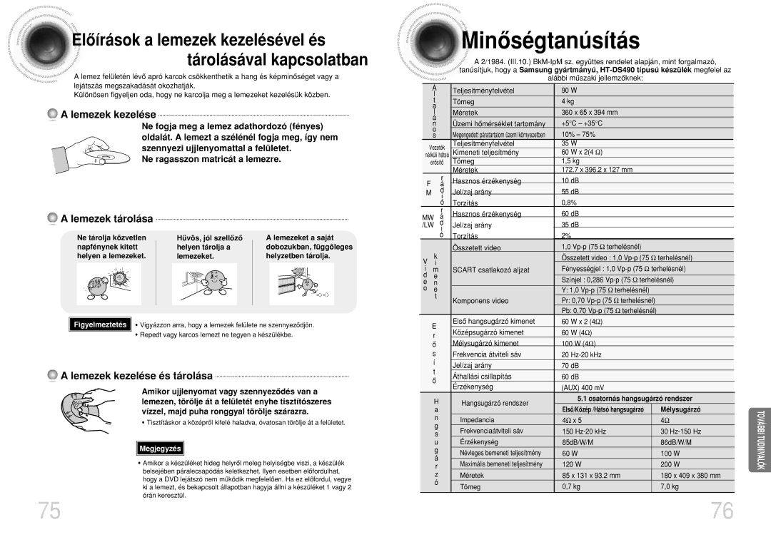 Samsung HTDS490RH/ELS manual Minôségtanúsítás, Lemezek tárolása, Lemezek kezelése és tárolása 