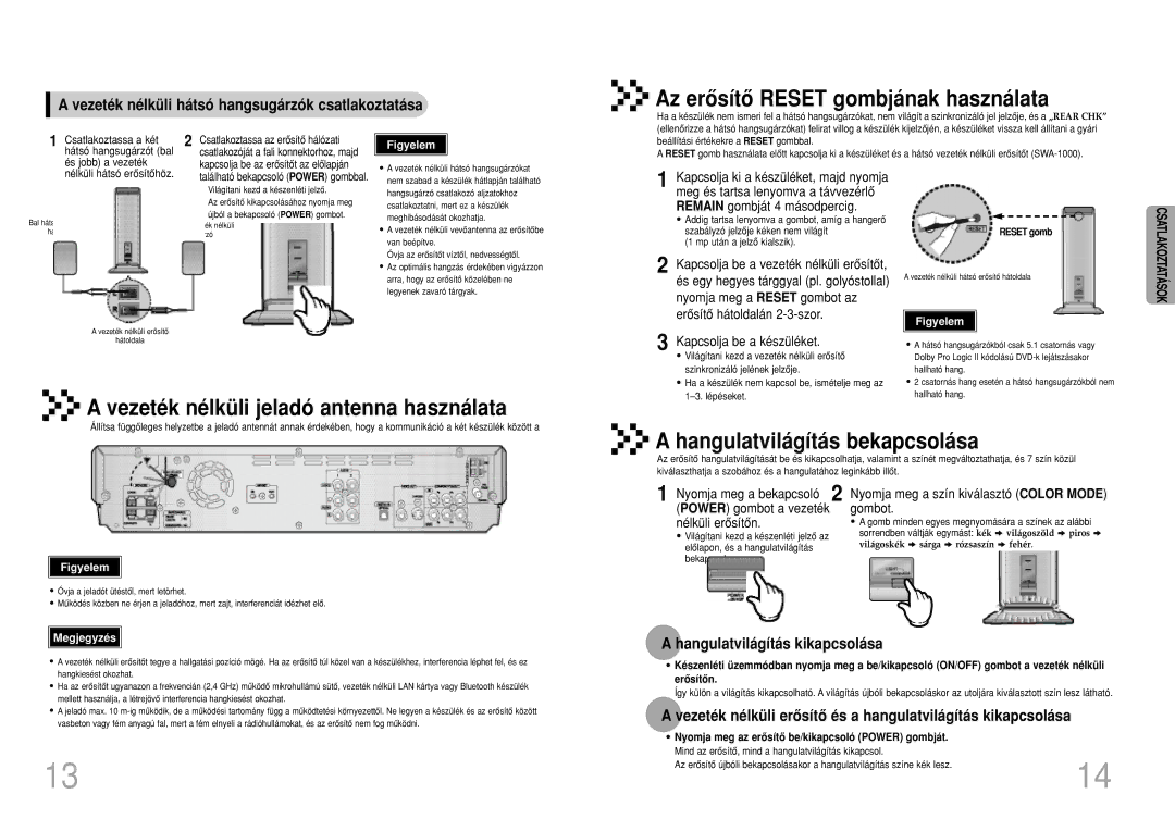 Samsung HTDS490RH/ELS manual Vezeték nélküli hátsó hangsugárzók csatlakoztatása, Hangulatvilágítás kikapcsolása 