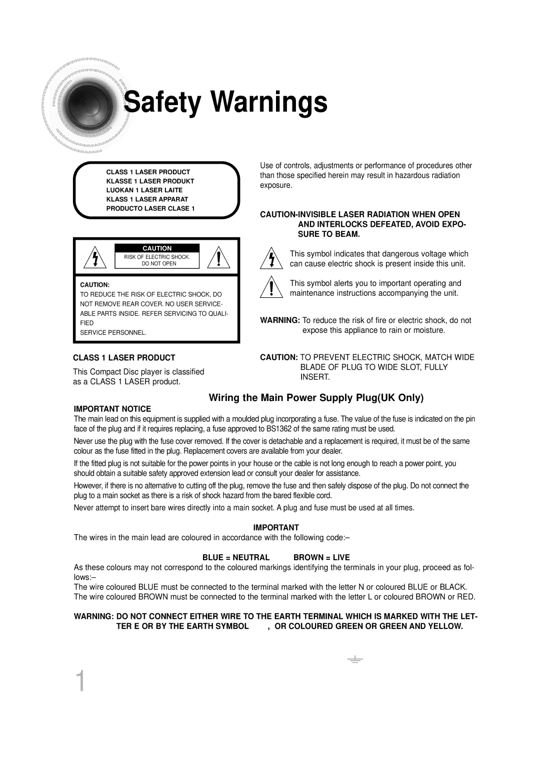 Samsung HTDS700RH/ELS, HTDS700RH/EDC, HTDS900RH/EDC, HTDS900RH/XFO Safety Warnings, Wiring the Main Power Supply PlugUK Only 