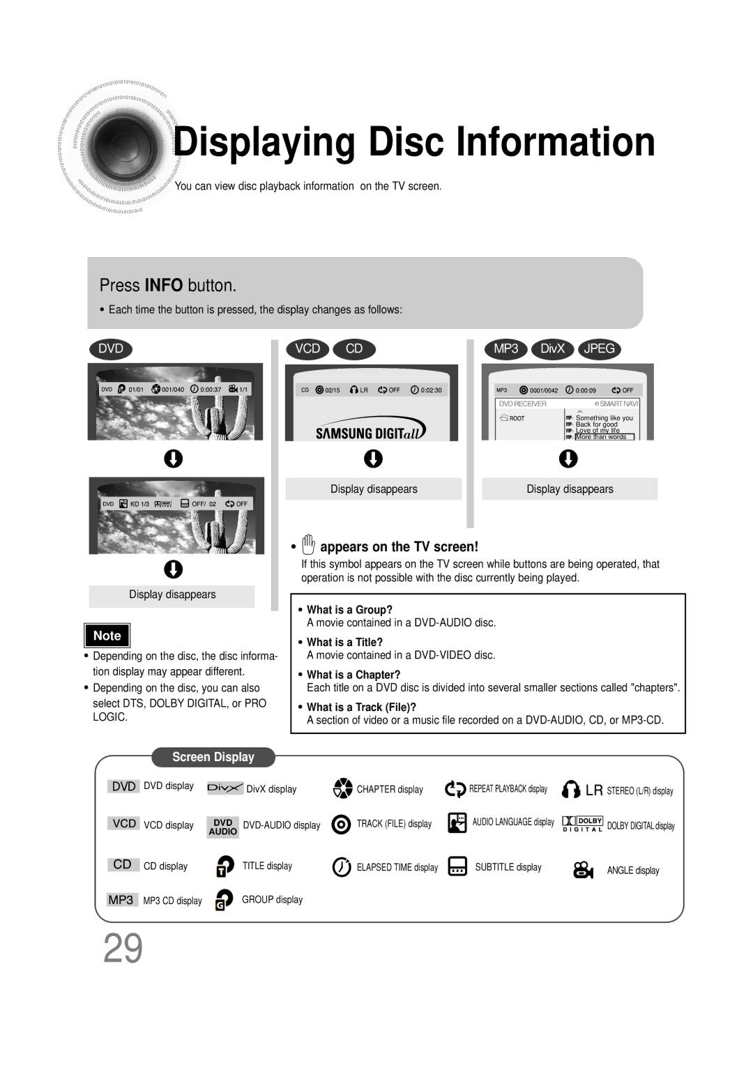 Samsung HTDS700RH/EDC, HTDS900RH/EDC manual Displaying Disc Information, Press Info button, Appears on the TV screen 