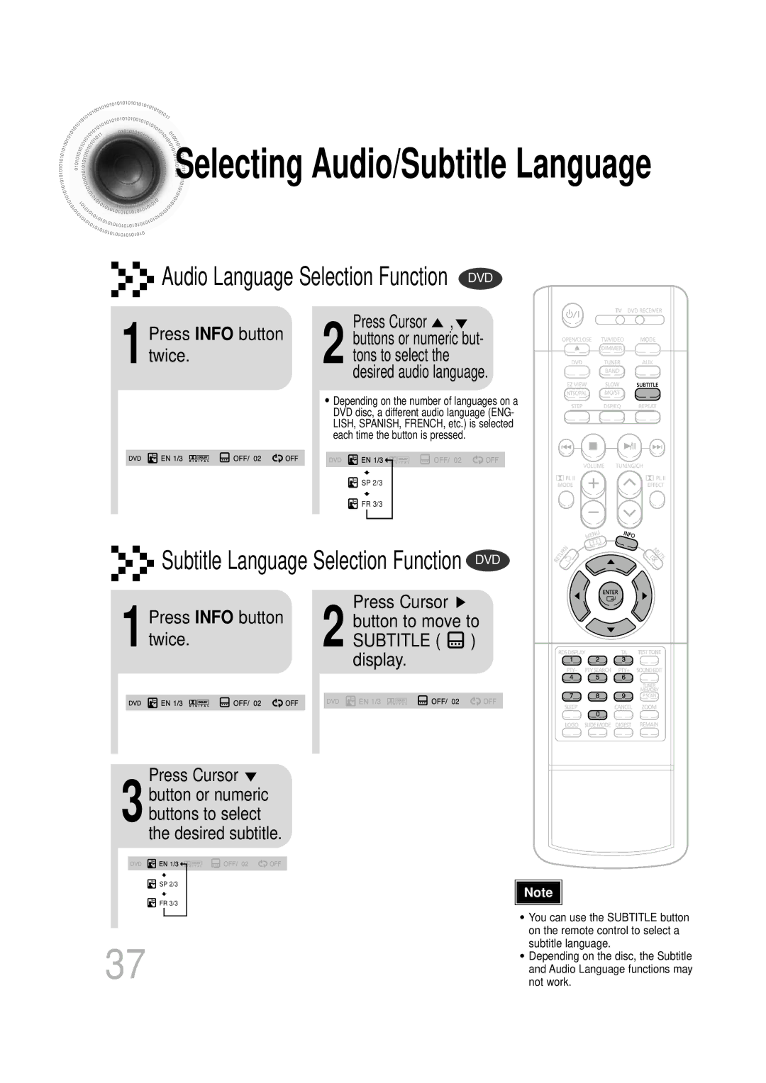 Samsung HTDS900RH/XFO, HTDS700RH/EDC, HTDS900RH/EDC, HTDS700RH/ELS manual 1Press Info button twice, Desired audio language 