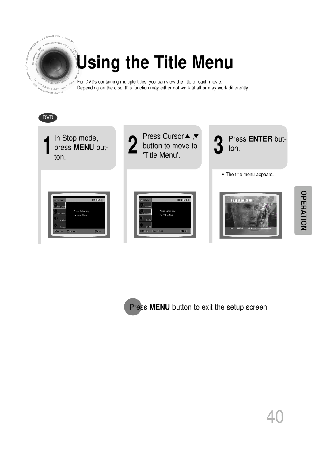 Samsung HTDS900RH/EDC, HTDS700RH/EDC manual Using the Title Menu, Press Enter but, Button to move to Ton ‘Title Menu’ 