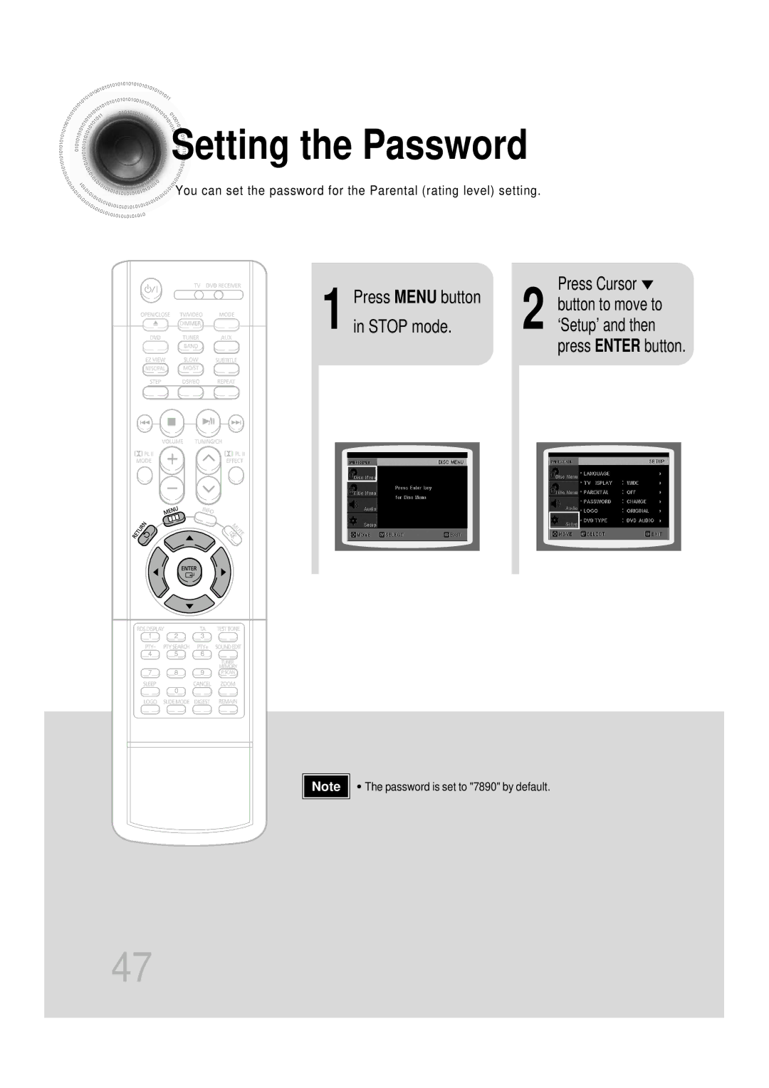 Samsung HTDS900RH/XFO, HTDS700RH/EDC, HTDS900RH/EDC, HTDS700RH/ELS, HTDS700RH/XFO Setting the Password, Press Enter button 