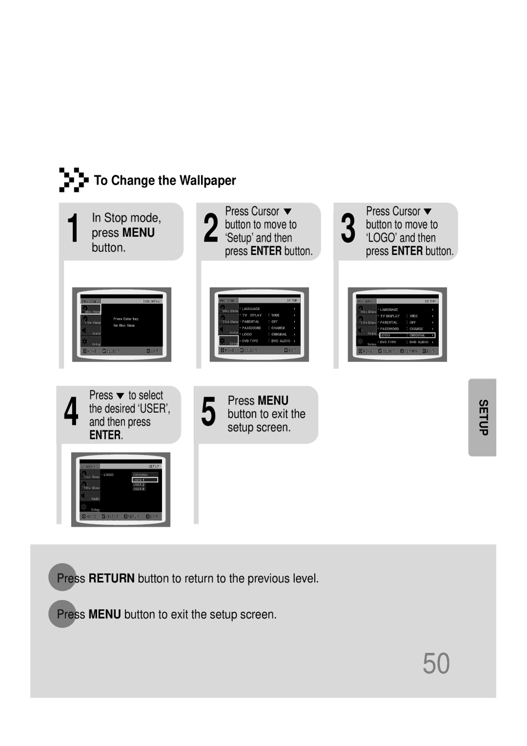 Samsung HTDS900RH/EDC Stop mode Press Cursor Button to move to, Press Menu ‘Setup’ and then, Press to select Press Menu 