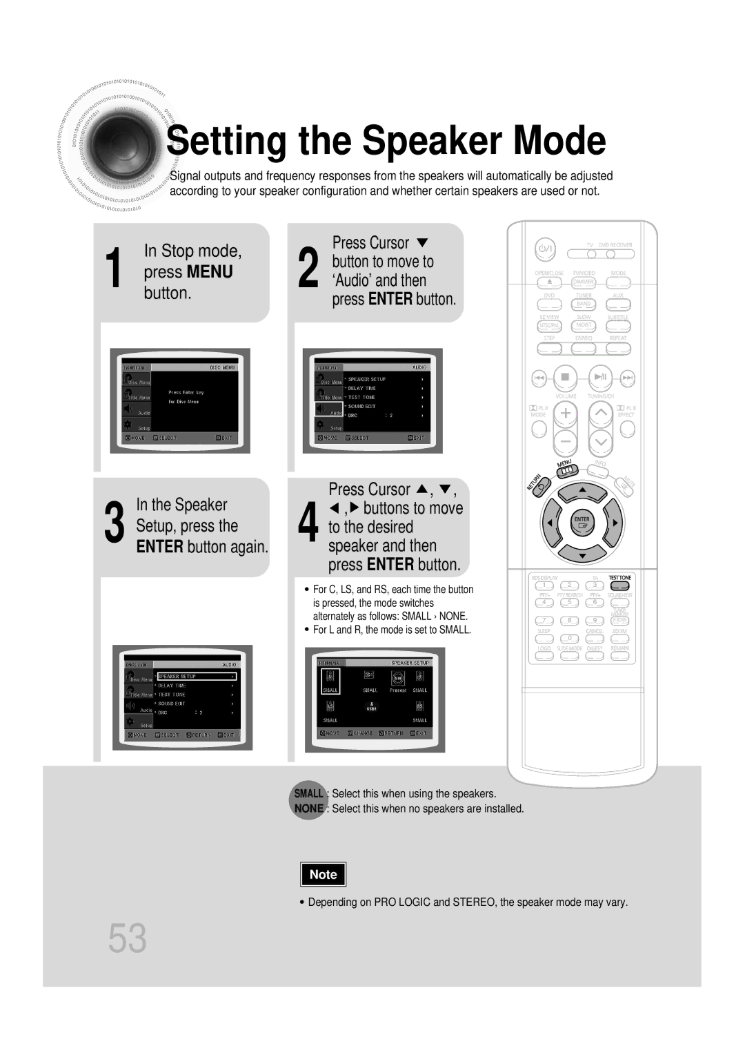 Samsung HTDS700RH/XFO manual Setting the Speaker Mode, Stop mode Press Menu Button Speaker, Press Enter button Press Cursor 