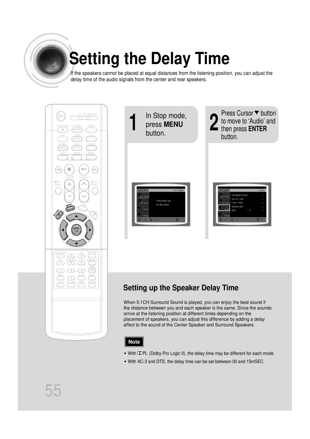 Samsung HTDS900RH/EDC, HTDS700RH/EDC, HTDS700RH/ELS, HTDS900RH/XFO manual Setting the Delay Time, Stop mode Press Menu Button 