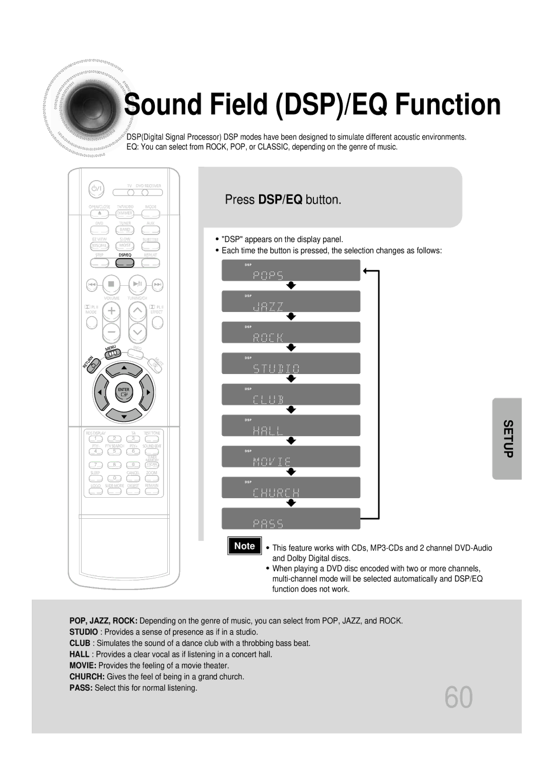 Samsung HTDS900RH/EDC, HTDS700RH/EDC, HTDS700RH/ELS, HTDS900RH/XFO manual Sound Field DSP/EQ Function, Press DSP/EQ button 