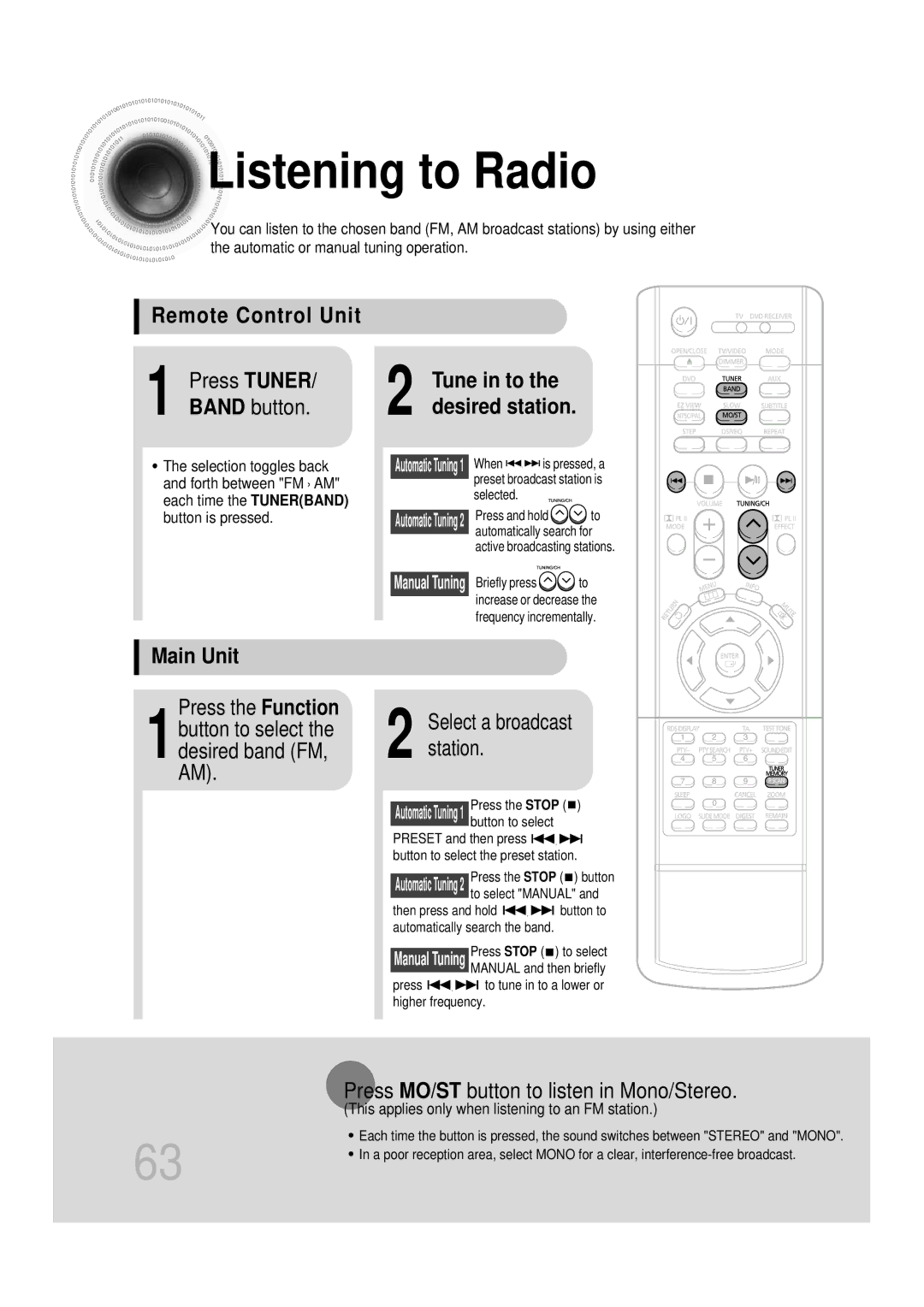 Samsung HTDS700RH/XFO, HTDS700RH/EDC manual Listening to Radio, Remote Control Unit Press Tuner, Band button, Main Unit 