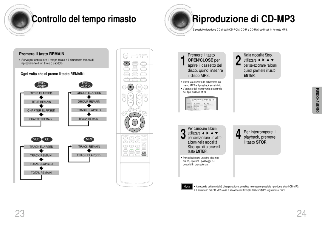 Samsung HTDS900RH/EDC Riproduzione di CD-MP3, Premere il tasto Remain, Per interrompere il playback, premere il tasto Stop 