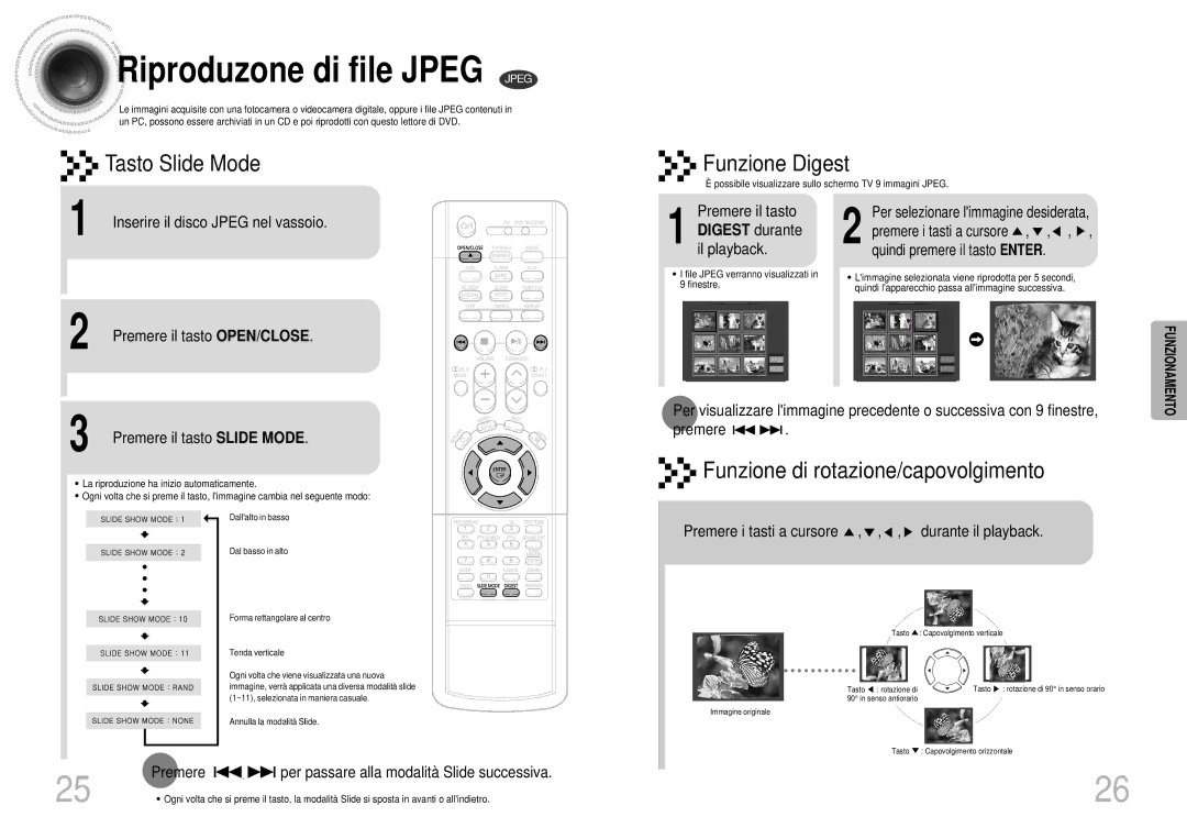 Samsung HTDS900RH/XFO, HTDS700RH/EDC, HTDS900RH/EDC, HTDS700RH/XFO manual Riproduzone di file Jpeg Jpeg, Digest durante 