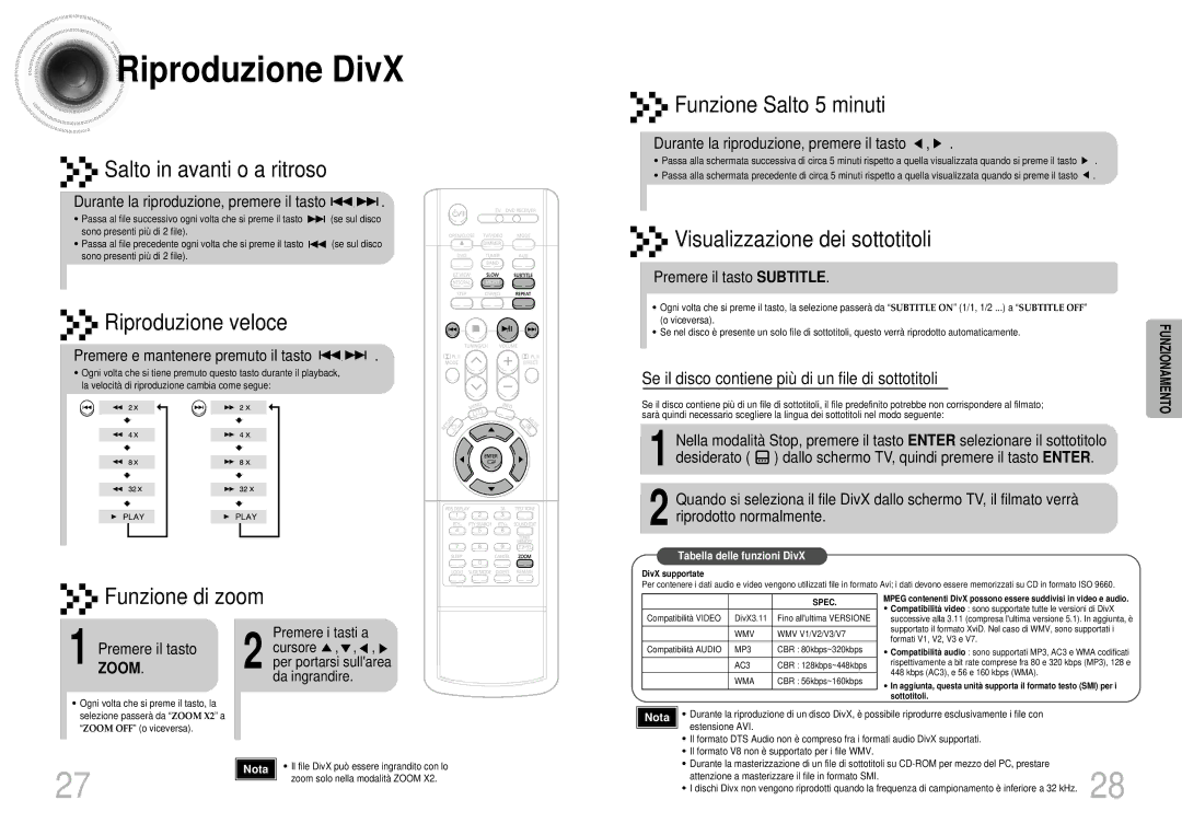 Samsung HTDS700RH/XFO Riproduzione DivX, Durante la riproduzione, premere il tasto, Premere e mantenere premuto il tasto 