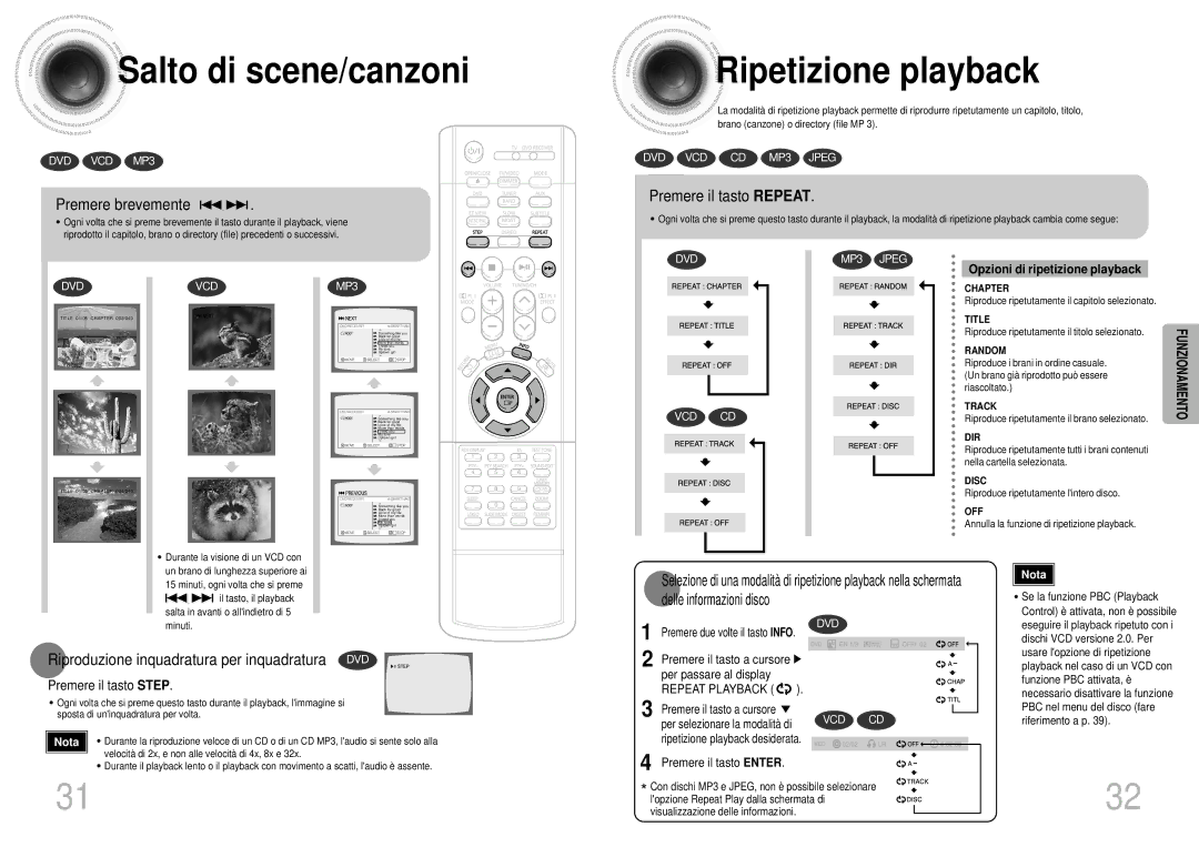 Samsung HTDS900RH/EDC manual Salto di scene/canzoni, Ripetizione playback, Premere brevemente, Premere il tasto Repeat 