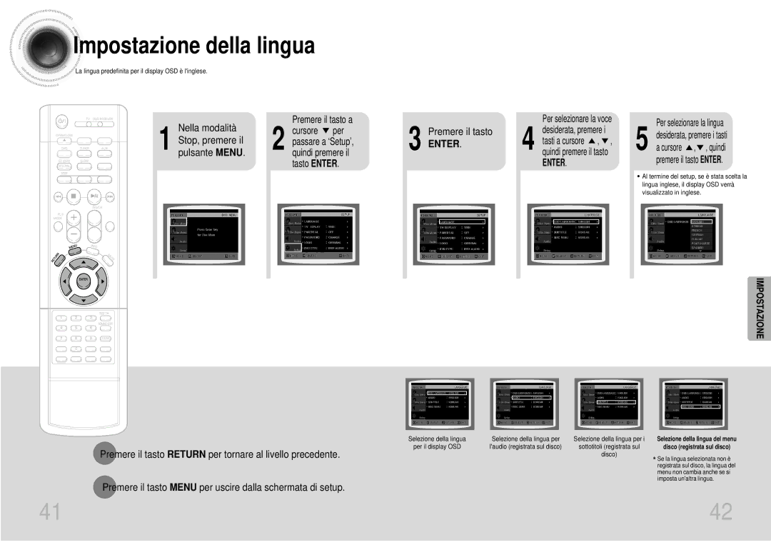 Samsung HTDS900RH/XFO, HTDS700RH/EDC, HTDS900RH/EDC Impostazione della lingua, Per selezionare la voce Desiderata, premere 