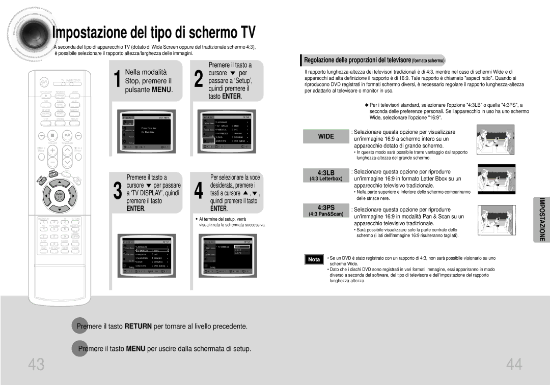 Samsung HTDS700RH/XFO, HTDS700RH/EDC, HTDS900RH/EDC manual Impostazione del tipo di schermo TV, Nella modalità, 43LB, 43PS 