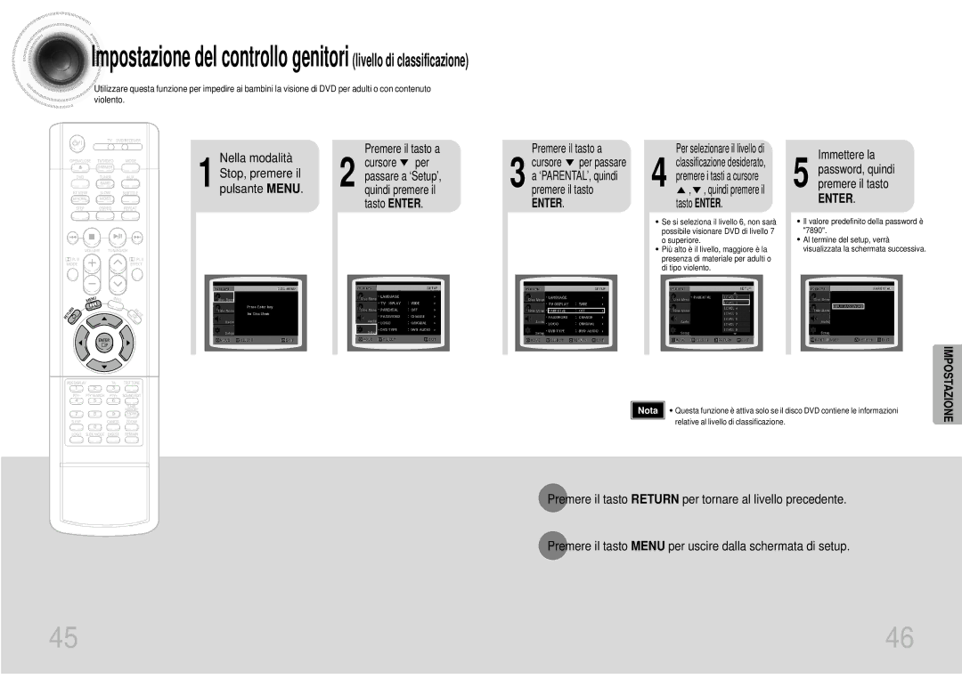 Samsung HTDS700RH/EDC manual Immettere la, Password, quindi, Cursore Per passare, ‘PARENTAL’, quindi, Premere il tasto 