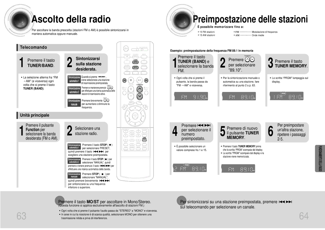 Samsung HTDS900RH/EDC manual Ascolto della radio, Telecomando, Unità principale, 1TUNER Band e selezionare la banda FM 