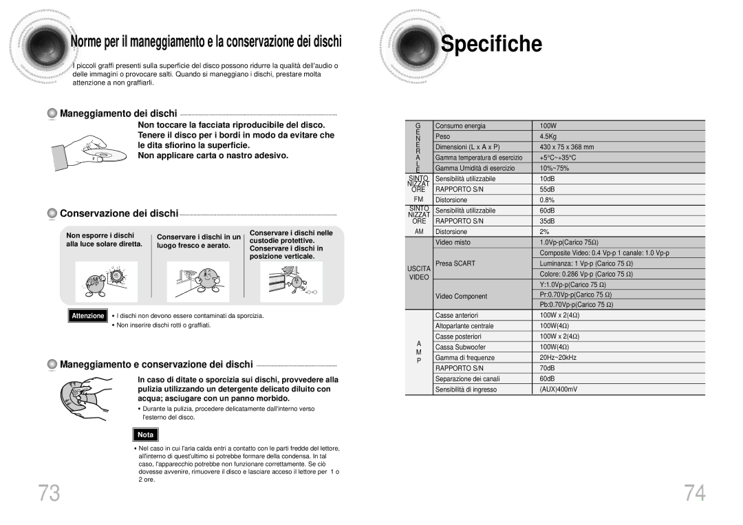 Samsung HTDS900RH/XFO, HTDS700RH/EDC manual Specifiche, Non esporre i dischi, Alla luce solare diretta Luogo fresco e aerato 