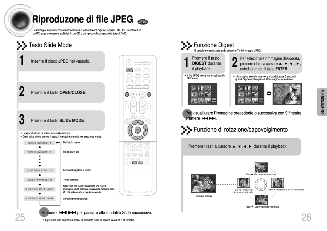 Samsung HTDS900RH/XFO 1 il, Riproduzone di file JPEG JPEG, Tasto Slide Mode, Funzione Digest, Premere il tasto SLIDE MODE 