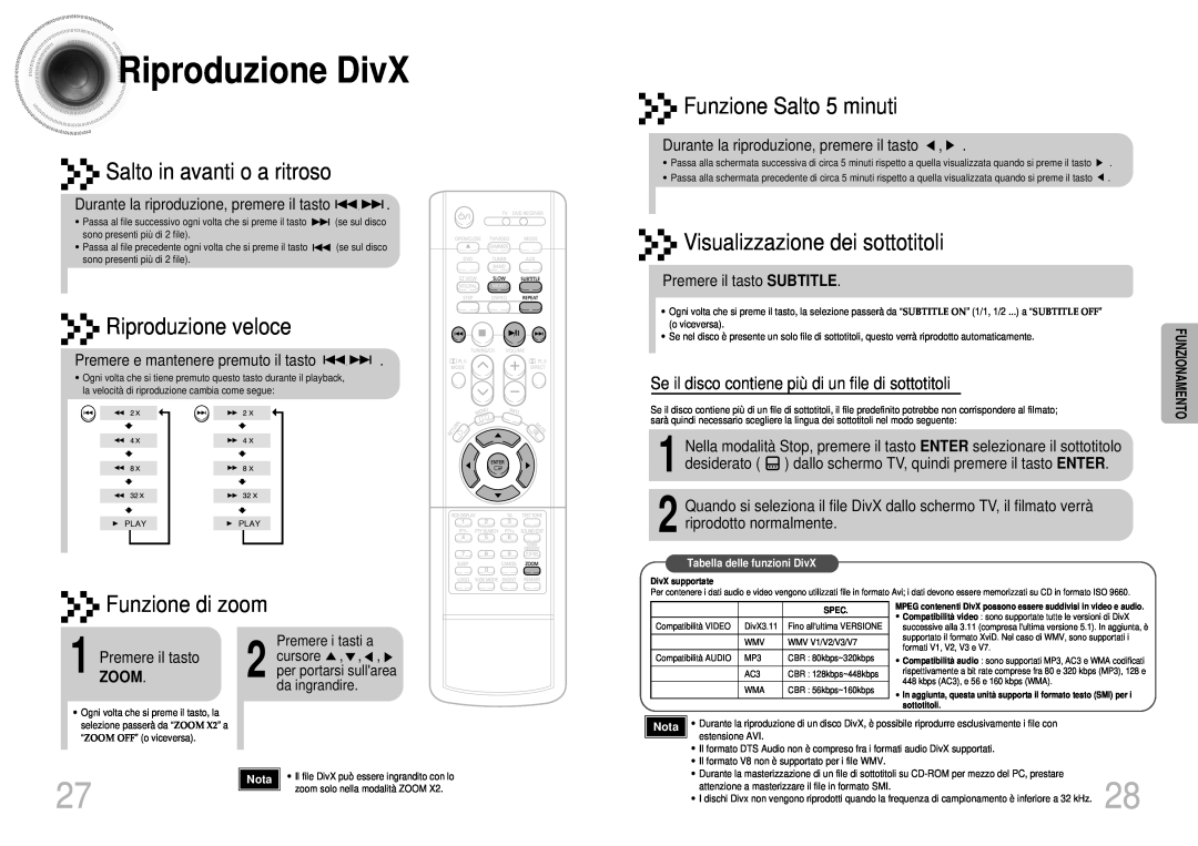 Samsung HTDS700RH/XFO RiproduzioneDivX, Salto in avanti o a ritroso, Riproduzione veloce, Funzione Salto 5 minuti, Nota 