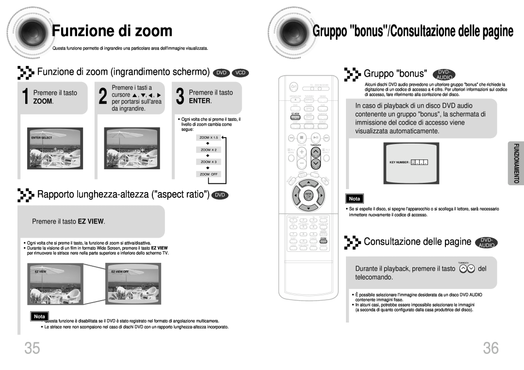 Samsung HTDS700RH/XFO Funzionedi zoom, Gruppo bonus/Consultazione delle pagine, Gruppo bonus DVD, Premere il tasto, Enter 
