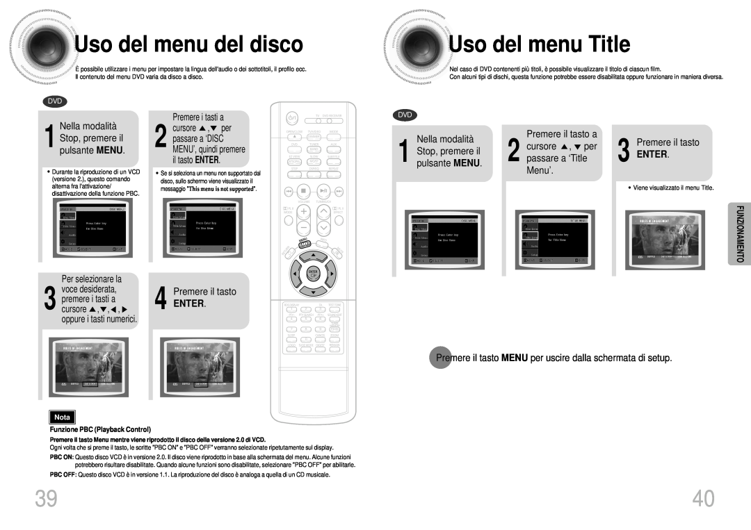 Samsung HTDS900RH/EDC, HTDS700RH/EDC, HTDS900RH/XFO manual Uso del menu del disco, Uso del menu Title, Enter, Funzionamento 