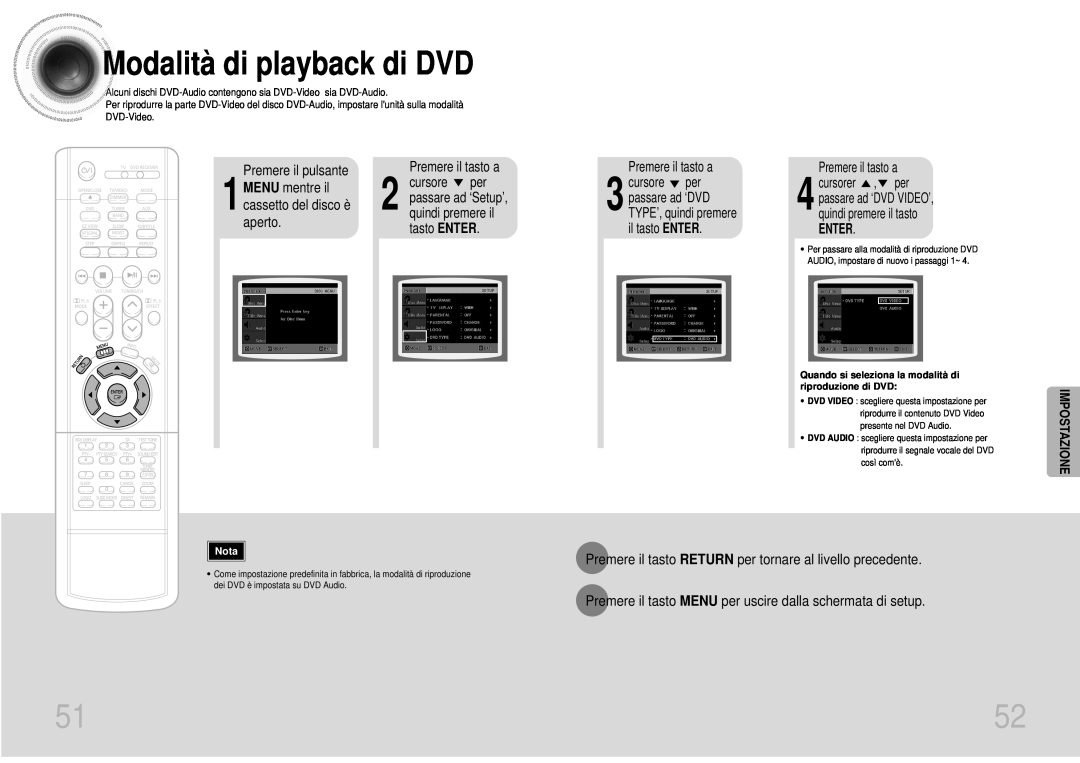 Samsung HTDS700RH/XFO Modalità di playback di DVD, Premere il pulsante 1 MENU mentre il cassetto del disco è aperto, Nota 