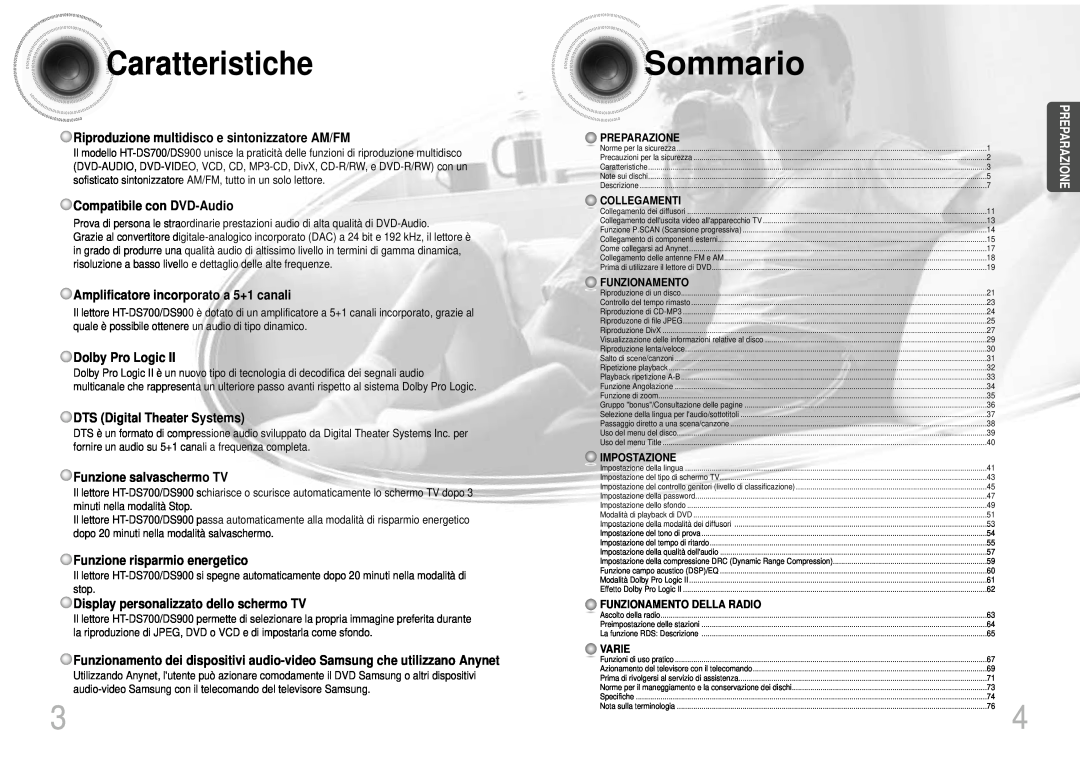 Samsung HTDS700RH/XFO manual Sommario, Caratteristiche, Preparazione, Riproduzione multidisco e sintonizzatore AM/FM 