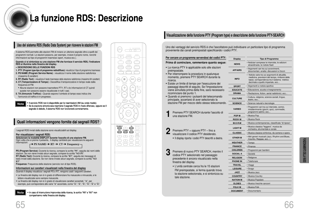 Samsung HTDS900RH/XFO, HTDS700RH/EDC, HTDS900RH/EDC manual La funzione RDS Descrizione, Funzionamento Della Radio, Nota 