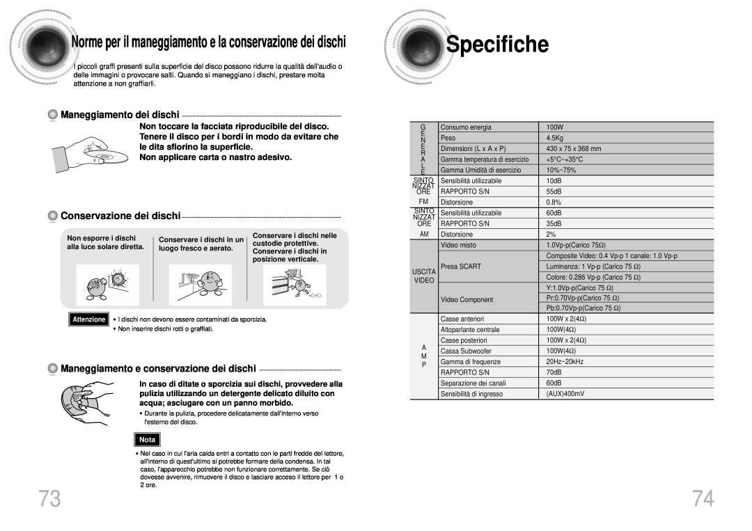 Samsung HTDS900RH/XFO Specifiche, Norme per il maneggiamento e la conservazione dei dischi, Conservazione dei dischi, Nota 