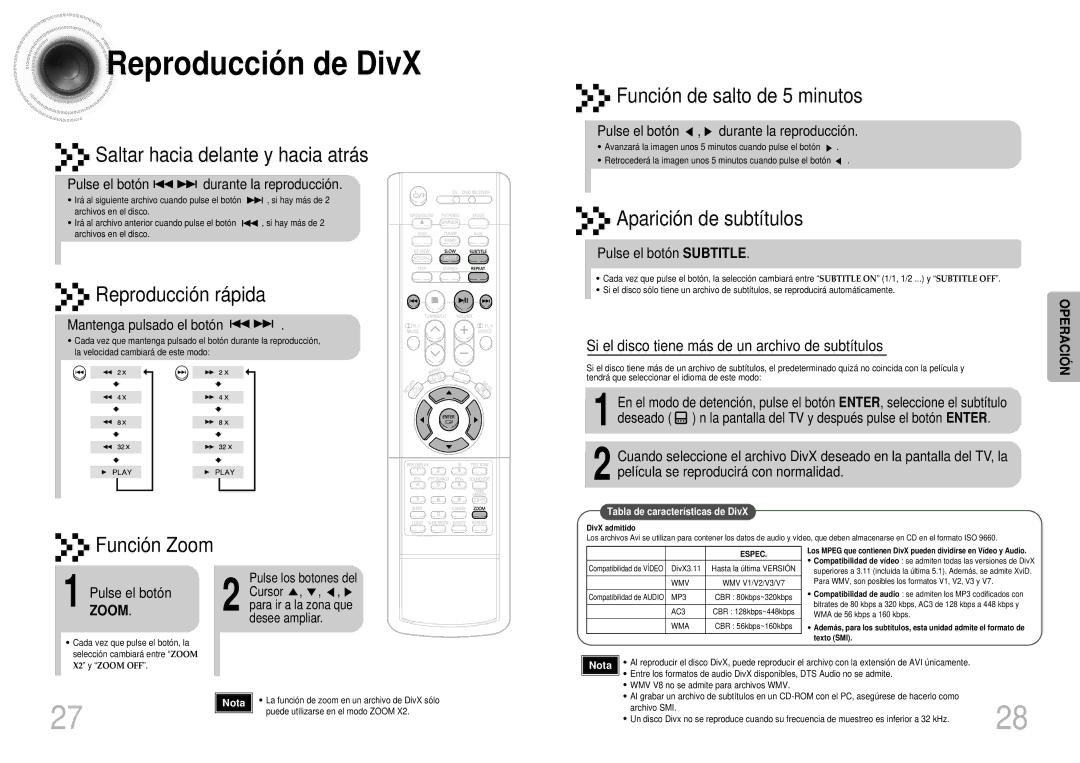 Samsung HTDS900RH/EDC manual Reproducció n de DivX, Pulse el botón durante la reproducción, Mantenga pulsado el botón 